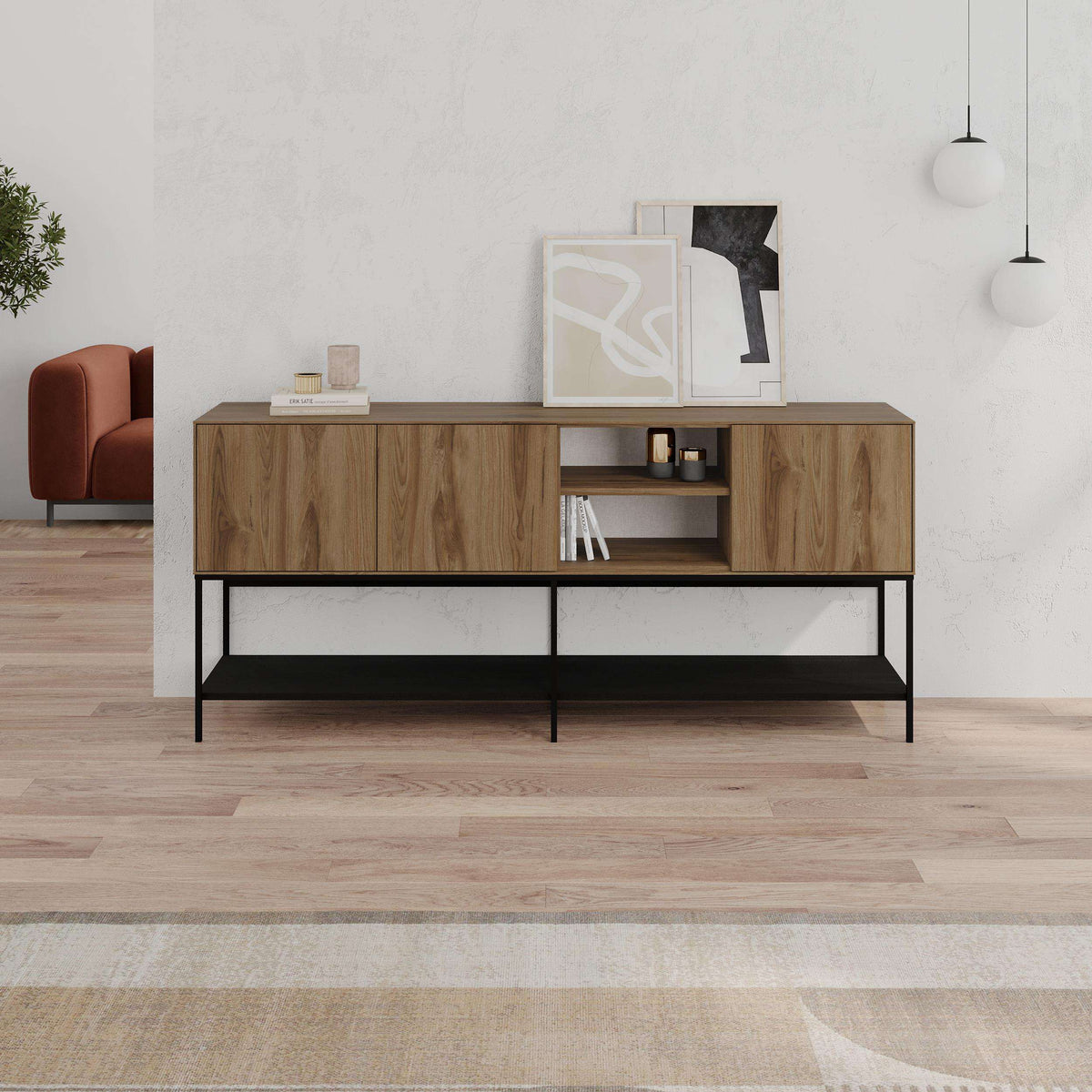 Modern console table with dark wood top, black metal frame, and open storage shelves