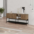 Modern console table with warm wood top, black metal frame, and open compartment shelves