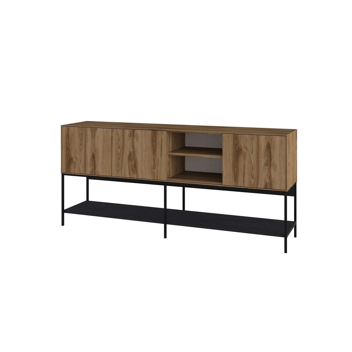 Modern console table with warm wood sideboard panels, black frame, and open cubby shelf