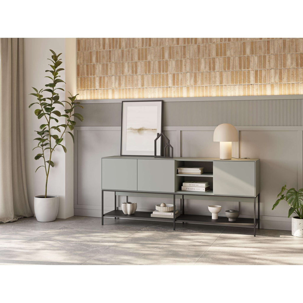 Light gray console table with open shelves, cabinet compartments, and black base