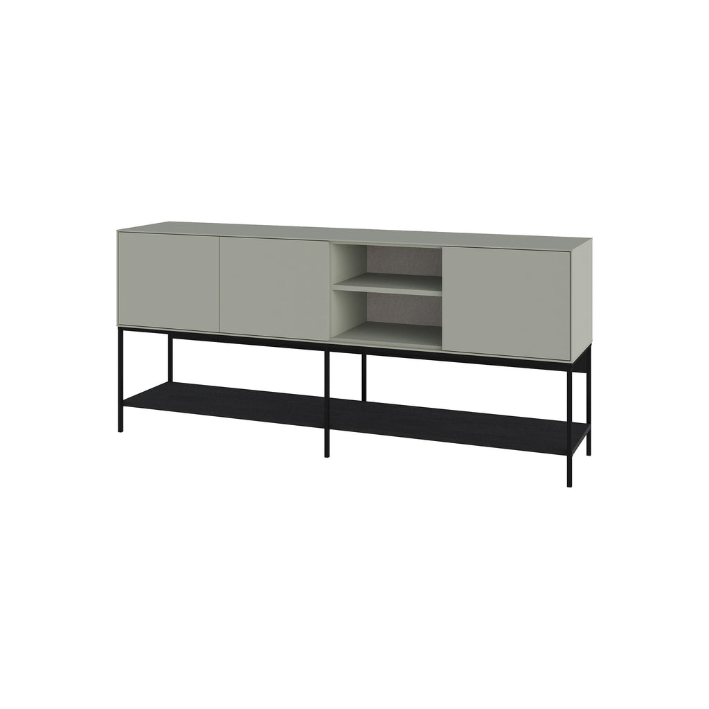 Modern console table with gray cabinet fronts, black metal legs, and open storage bays