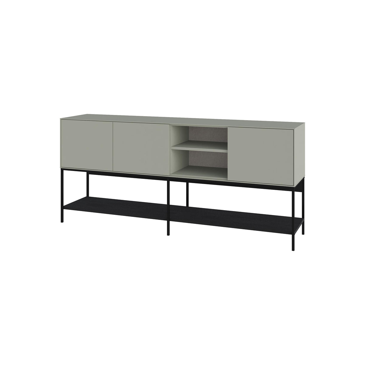 Modern console table with gray cabinet fronts, black metal legs, and open storage bays