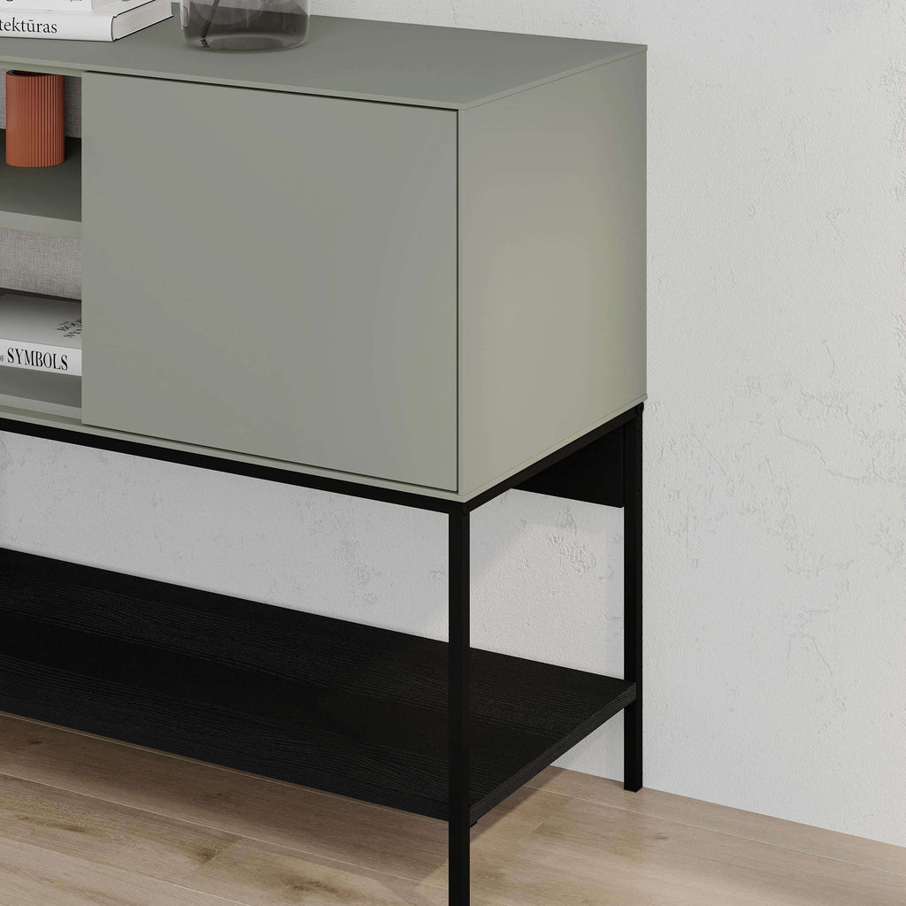 Ash green console table with black frame and open lower shelf