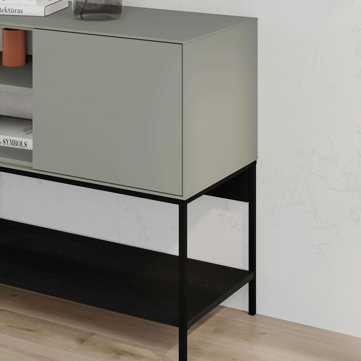 Ash green console table with black frame and open lower shelf