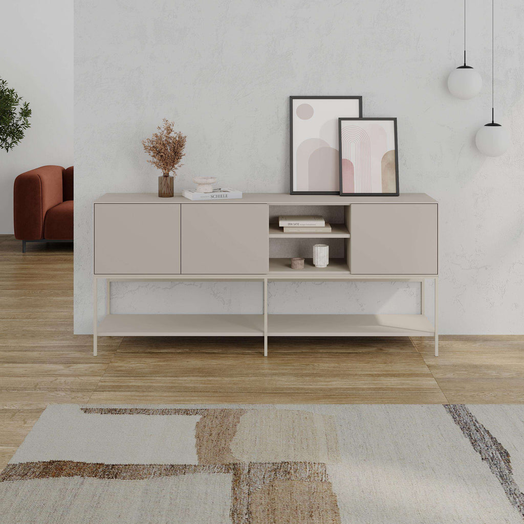 Modern sideboard console table with drawers and open storage, light stone finish