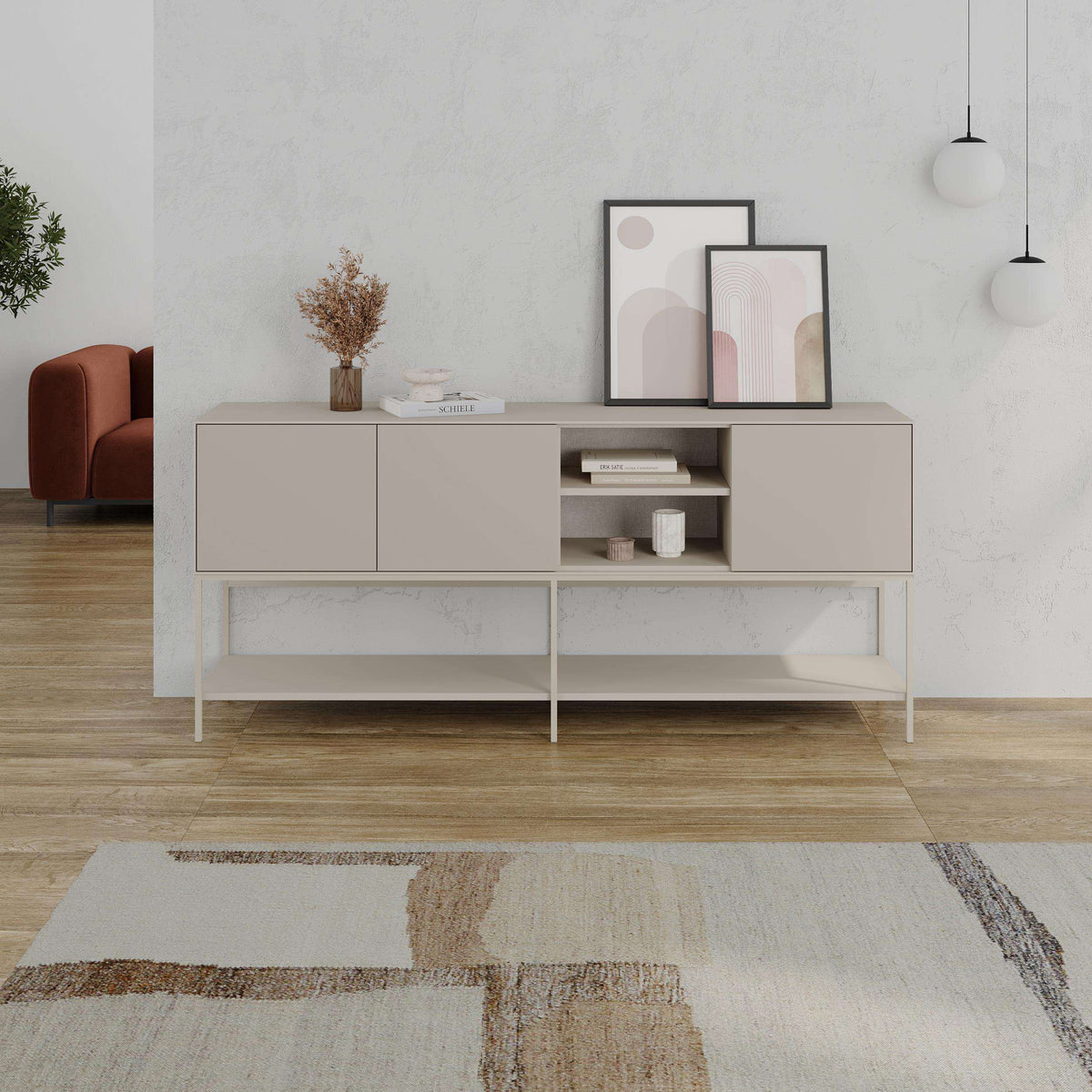 Modern sideboard console table with drawers and open storage, light stone finish