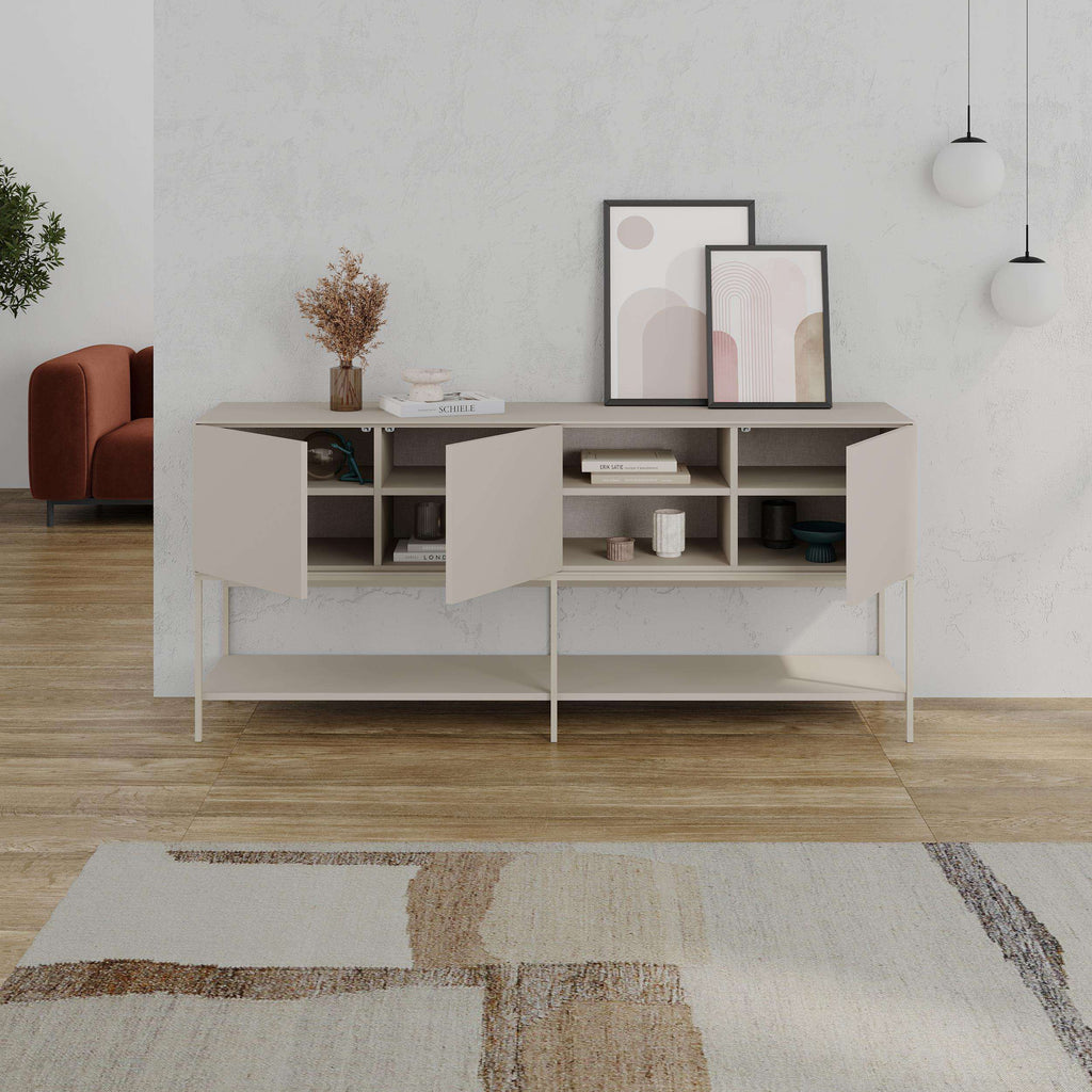 Modern console table with open center shelves and side cabinets, light stone finish