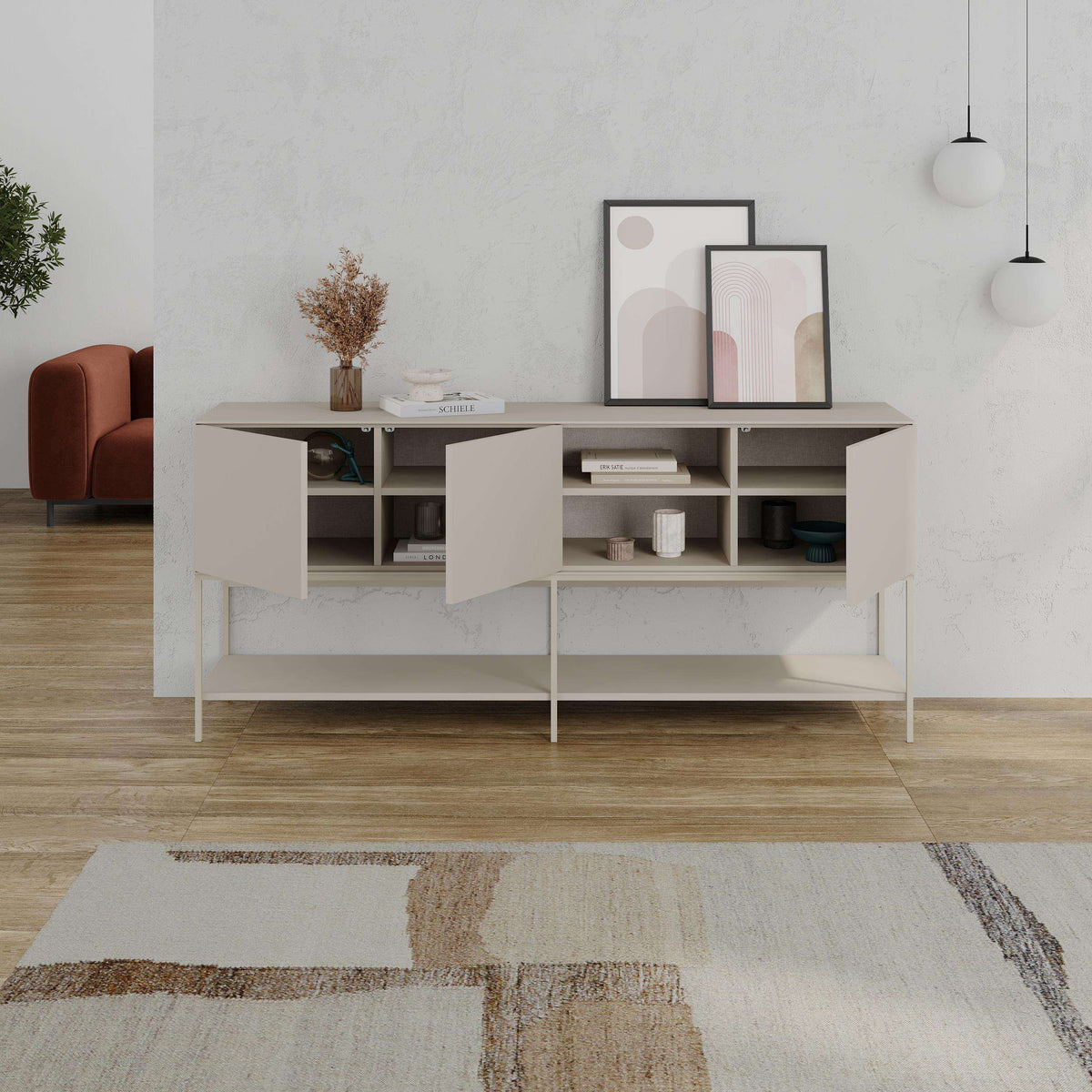 Modern console table with open center shelves and side cabinets, light stone finish