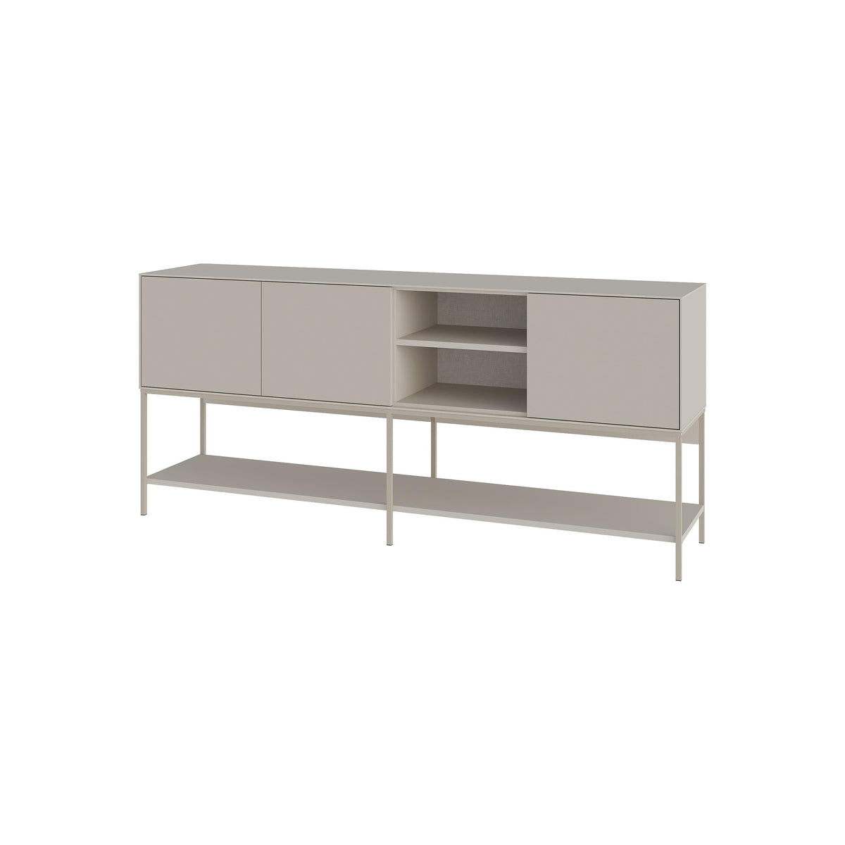 Light stone console table with cabinet doors and open center shelves, raised legs