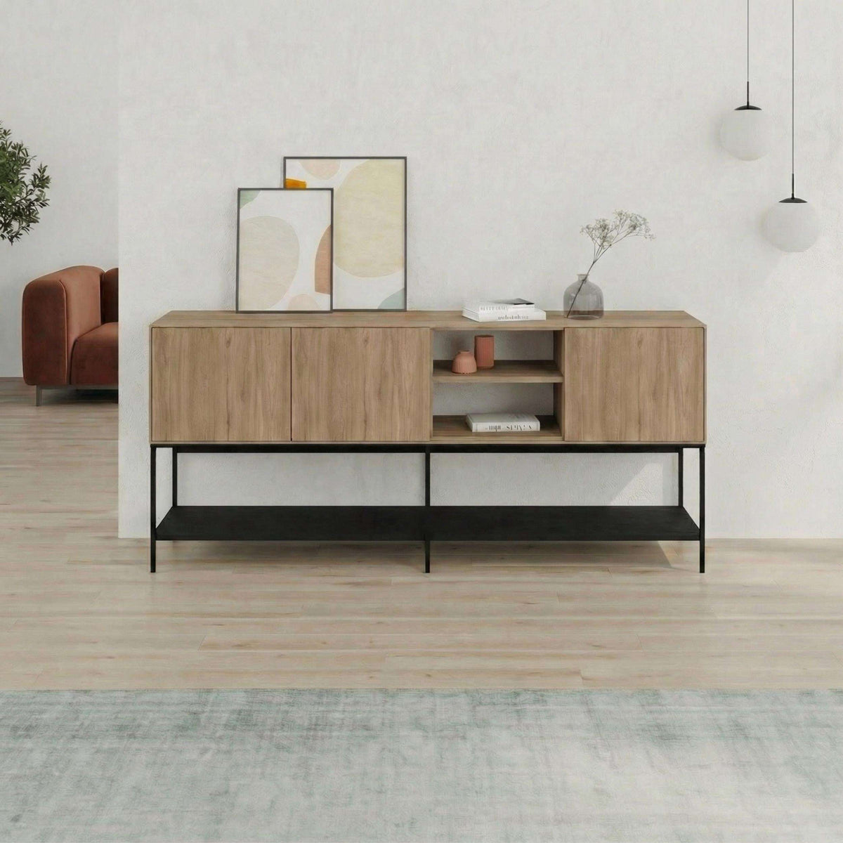 Modern sideboard console table with wood doors, open shelf center, and black metal frame.