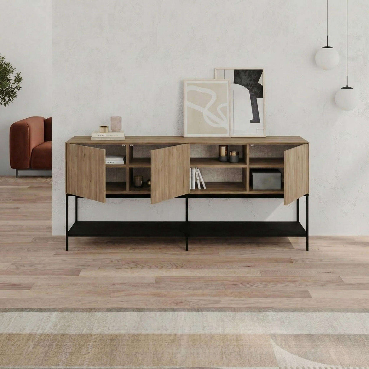 Modern sideboard console table with wood doors, open storage, and black metal frame.
