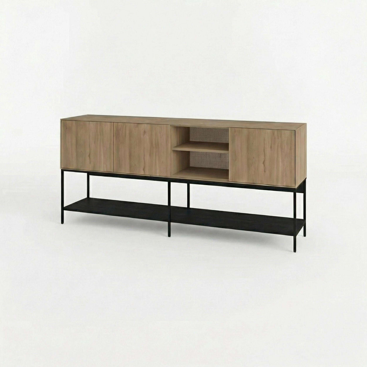 Modern console table with light wood cabinet doors and black metal frame legs.