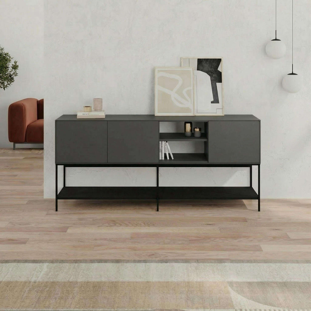 Dark console table with closed cabinet doors, central open shelf, and black metal base
