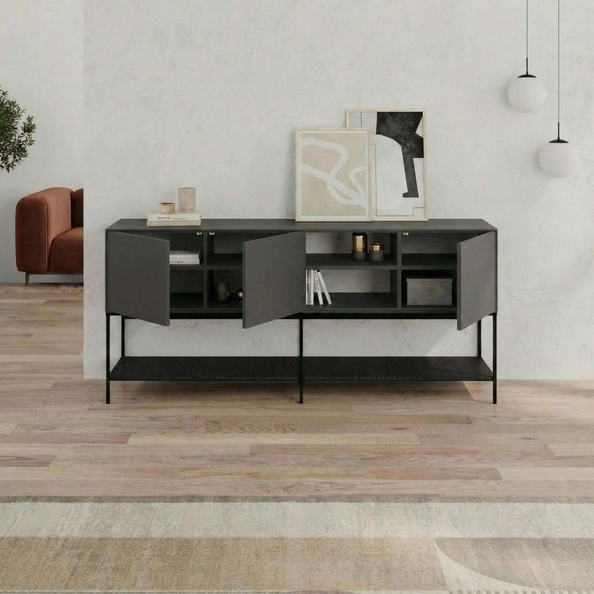 Dark console table with two open bays, central shelf, and open cabinet door panels