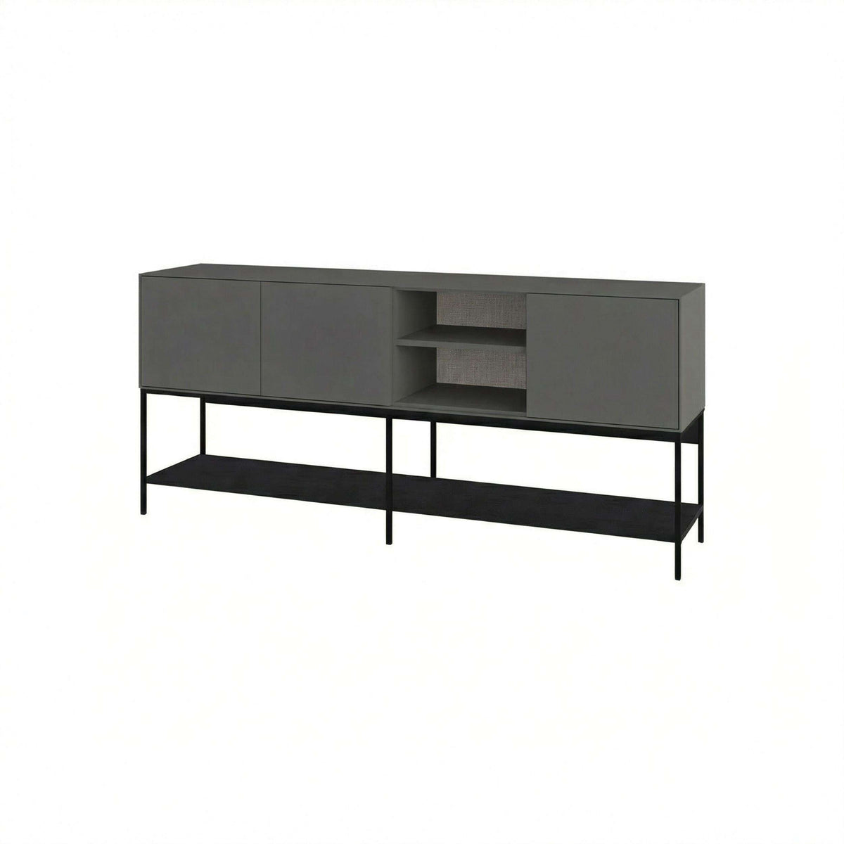 Modern dark console table with two drawers, open shelves, and metal frame legs