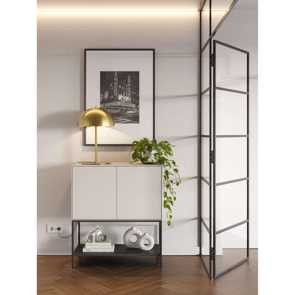 Modern console table sideboard with two doors, open shelf, black metal frame, light finish
