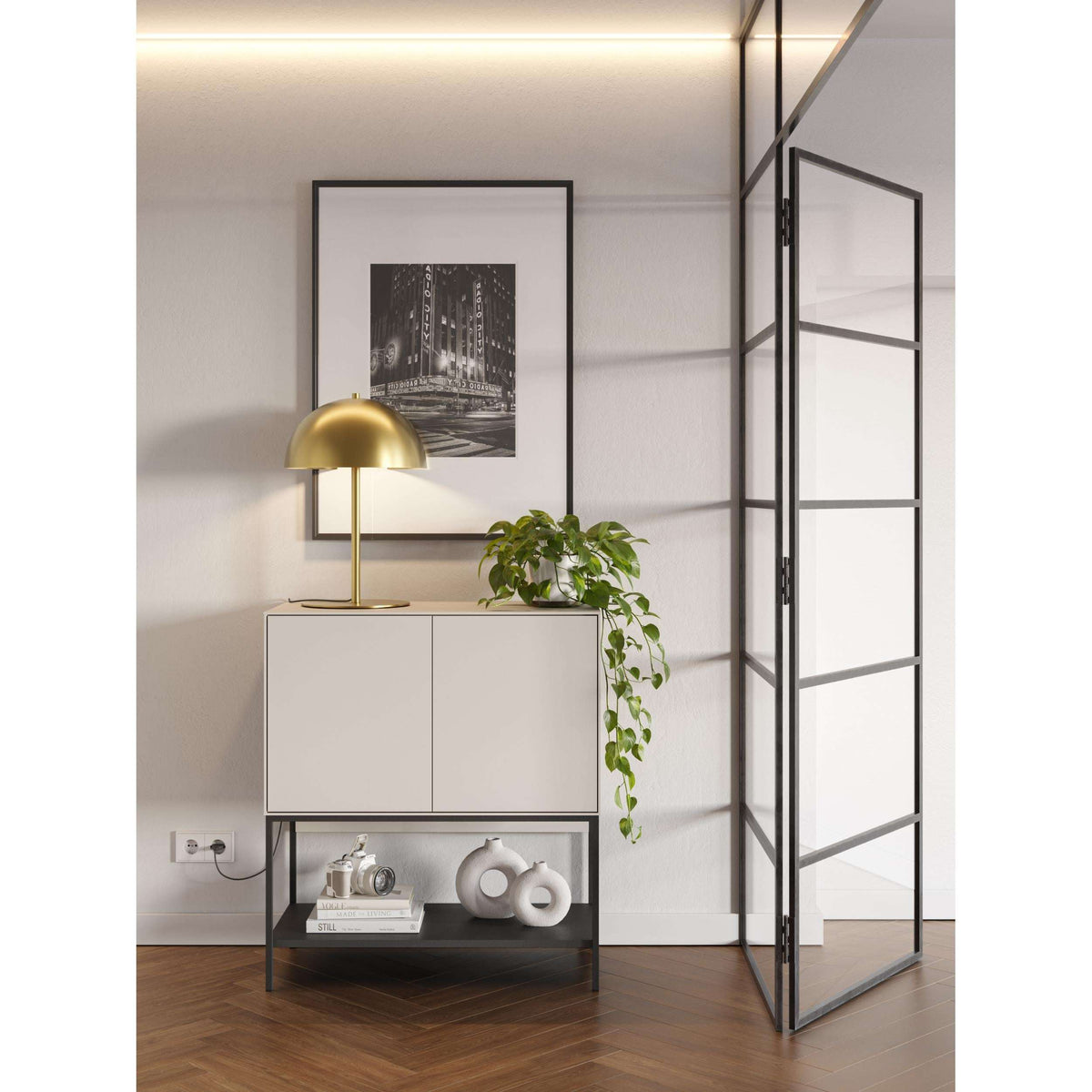 Modern console table sideboard with two doors, open shelf, black metal frame, light finish