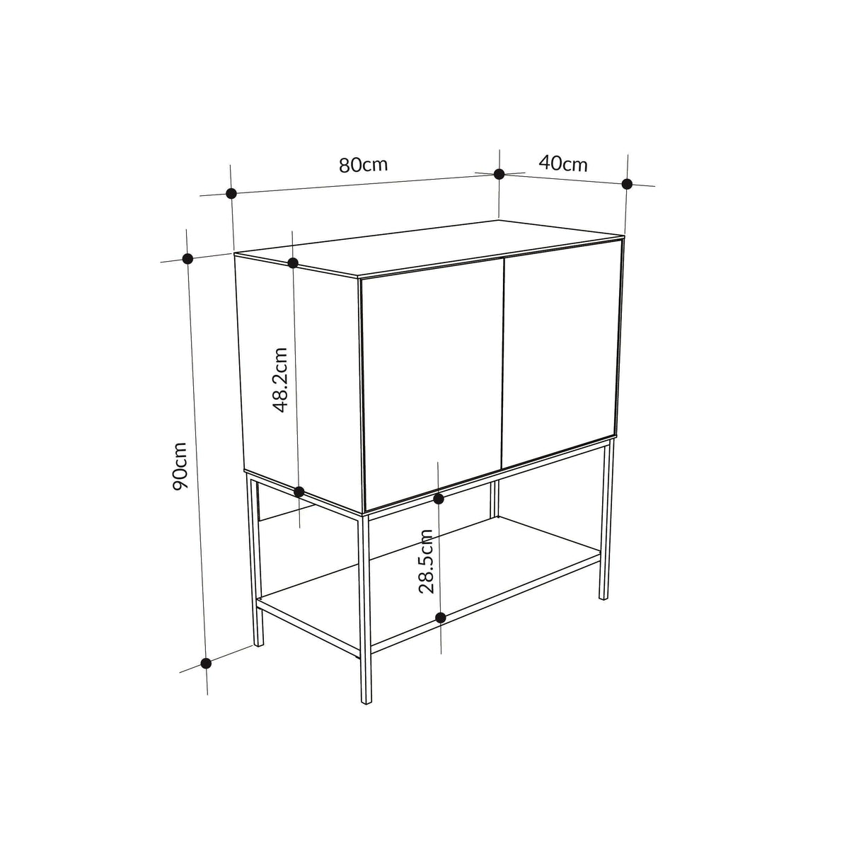 Console table dimensions diagram: 80cm wide, 90cm high, 40cm deep.