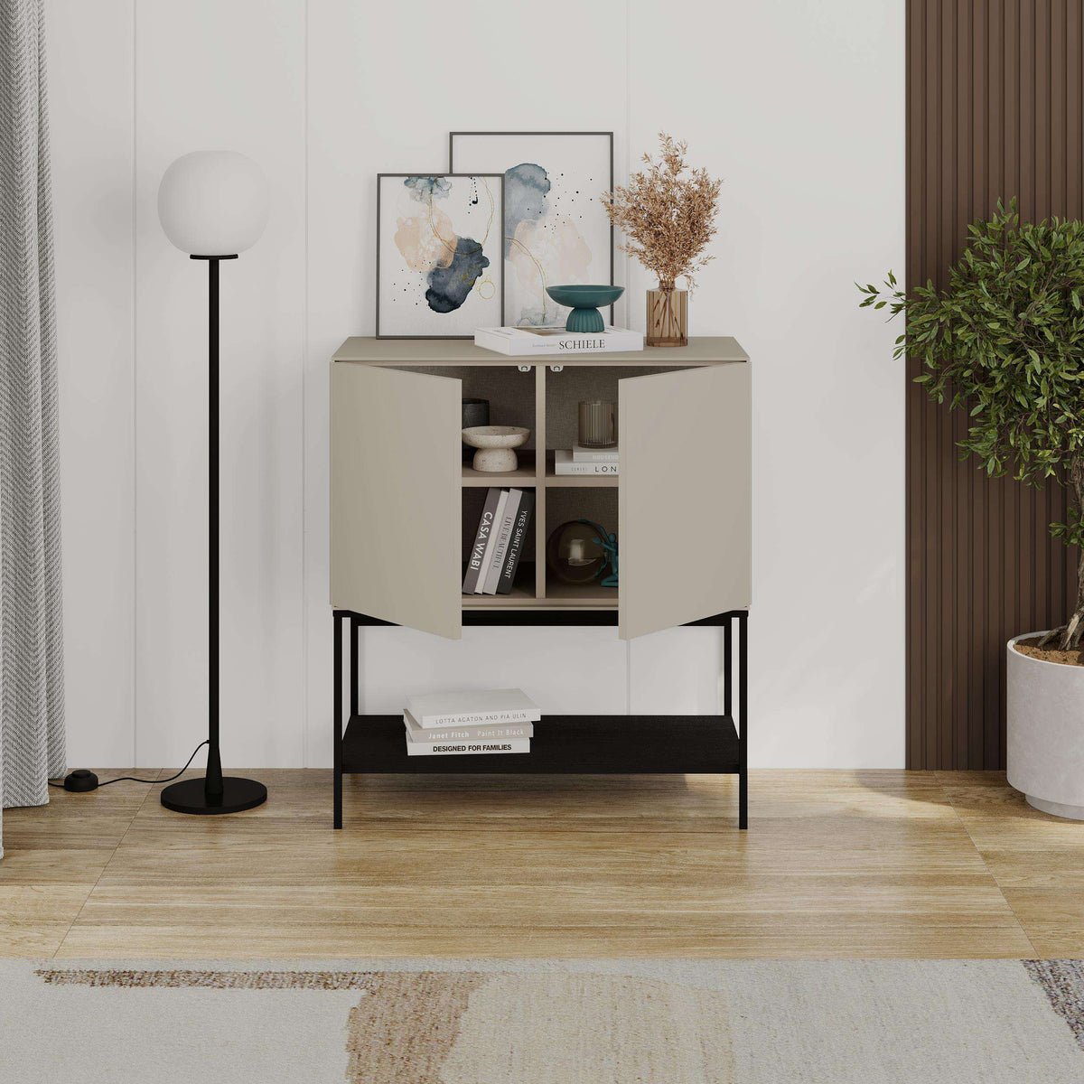 Ash green console table with two-door cabinet, open lower shelf, black metal legs.