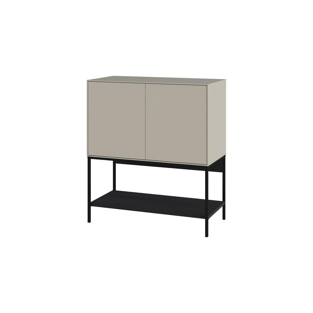 Sandstone console table with two-door cabinet and open lower shelf, black frame legs.