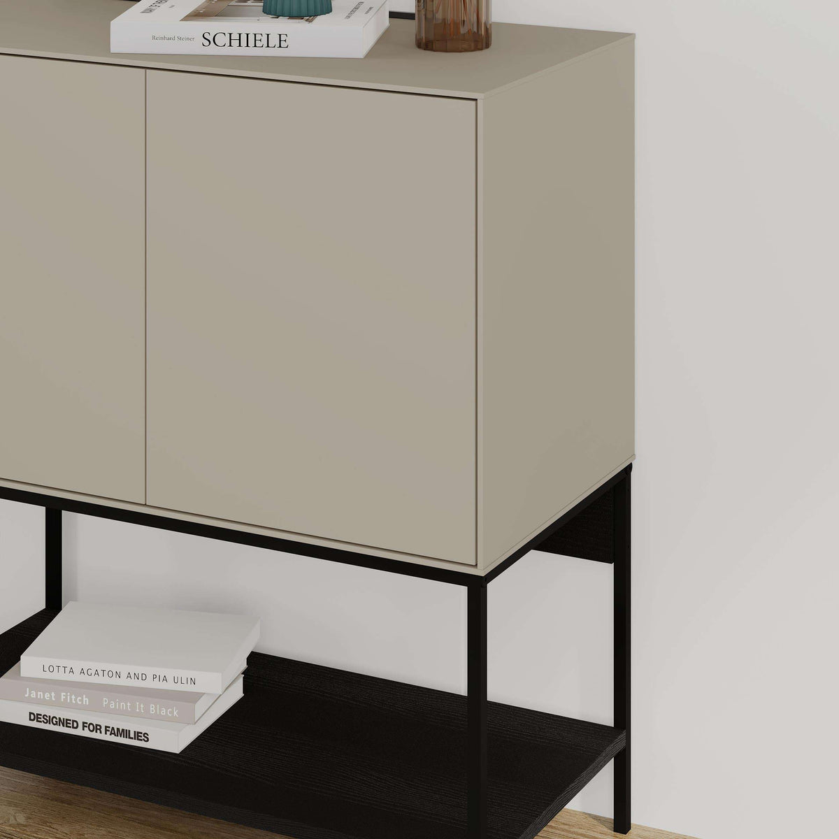 Ash green console table with two doors and open lower shelf, black frame.
