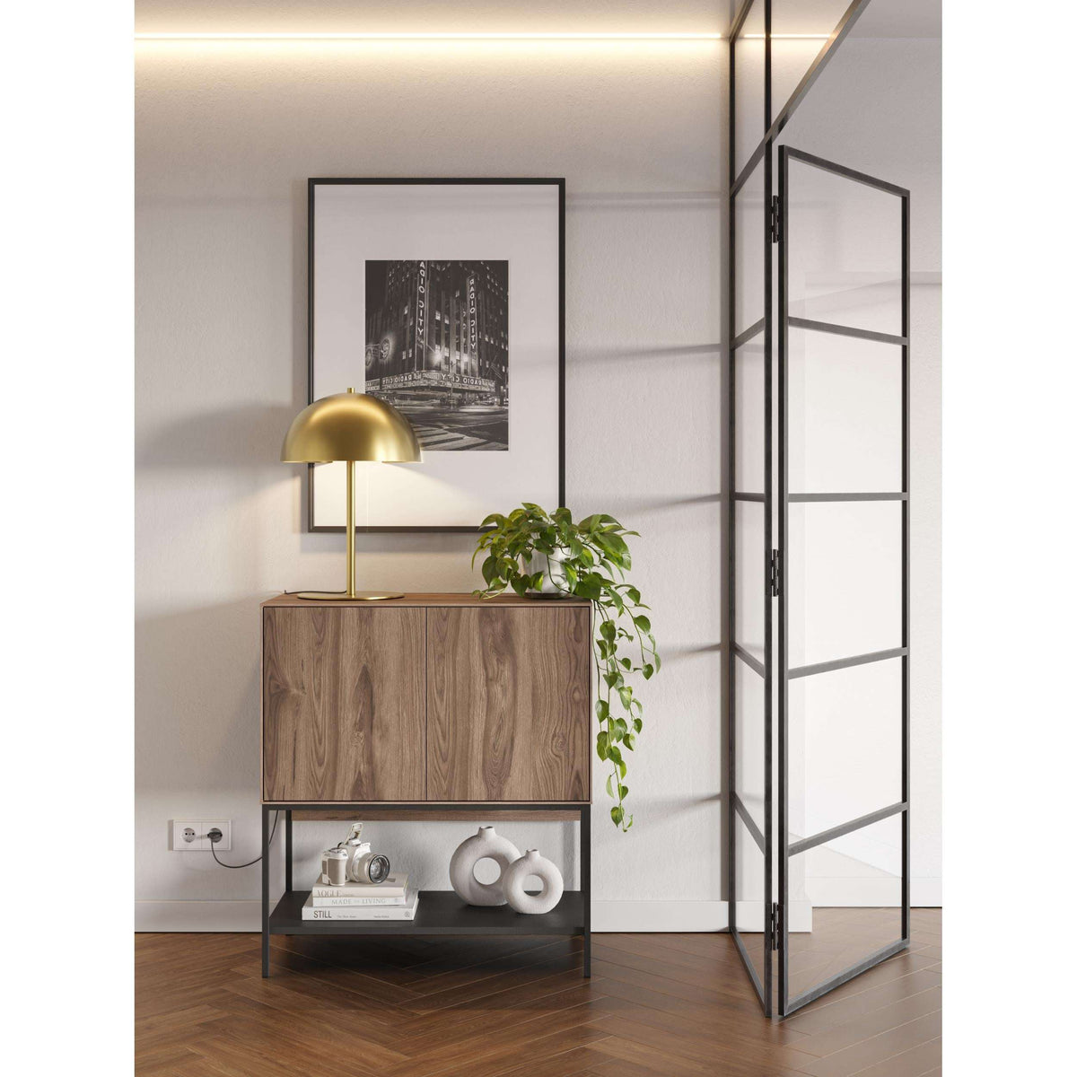 Wood console table with open shelving and cabinet storage, black metal frame