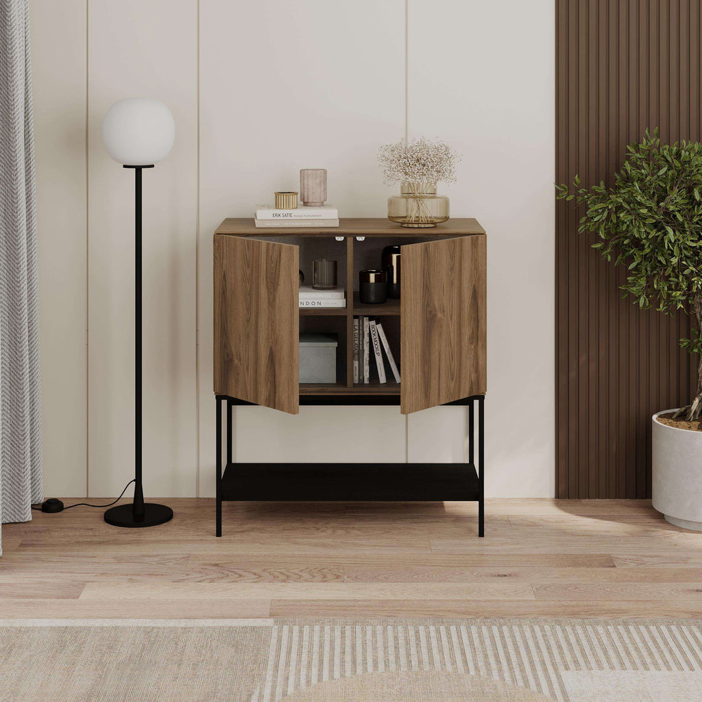 Wood console table with two doors open, showing interior shelves and black base
