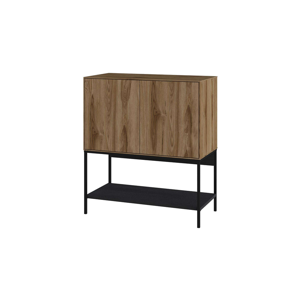 Wood console table with two-panel cabinet doors and black open lower shelf