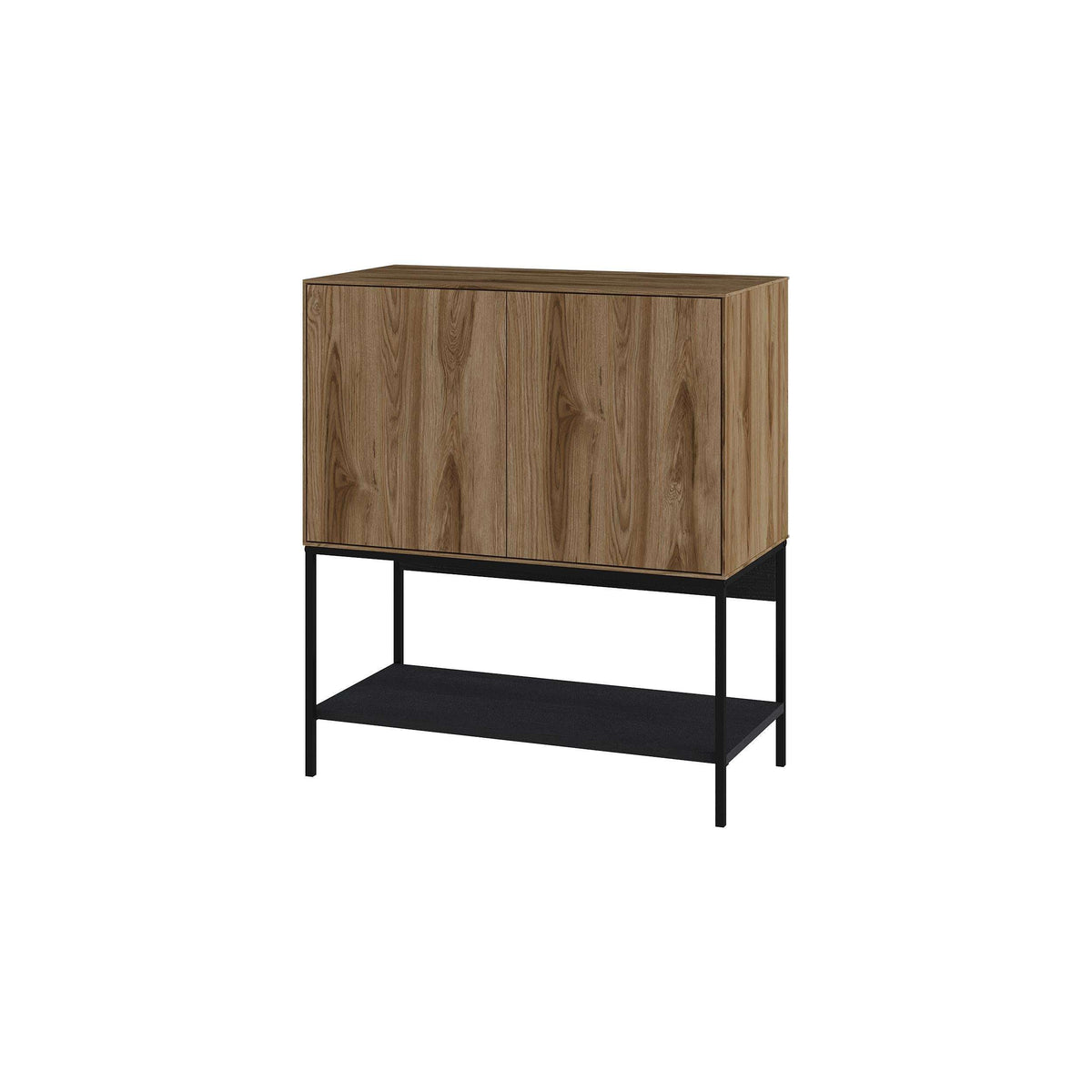 Wood console table with two-panel cabinet doors and black open lower shelf