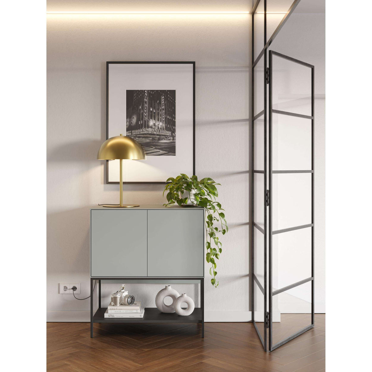 Ash green sideboard console table with two doors and open shelf base, black metal frame.