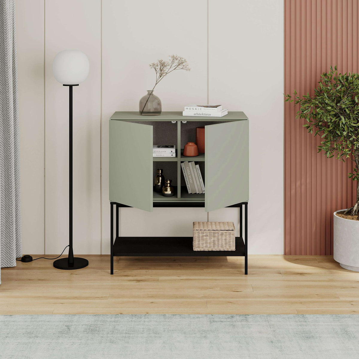 Ash green console table with two doors and open base shelf, black legs and frame.