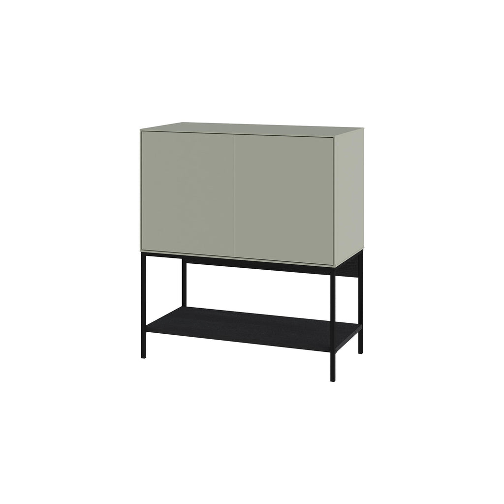 Sage green console table with two cabinet doors and black metal lower shelf