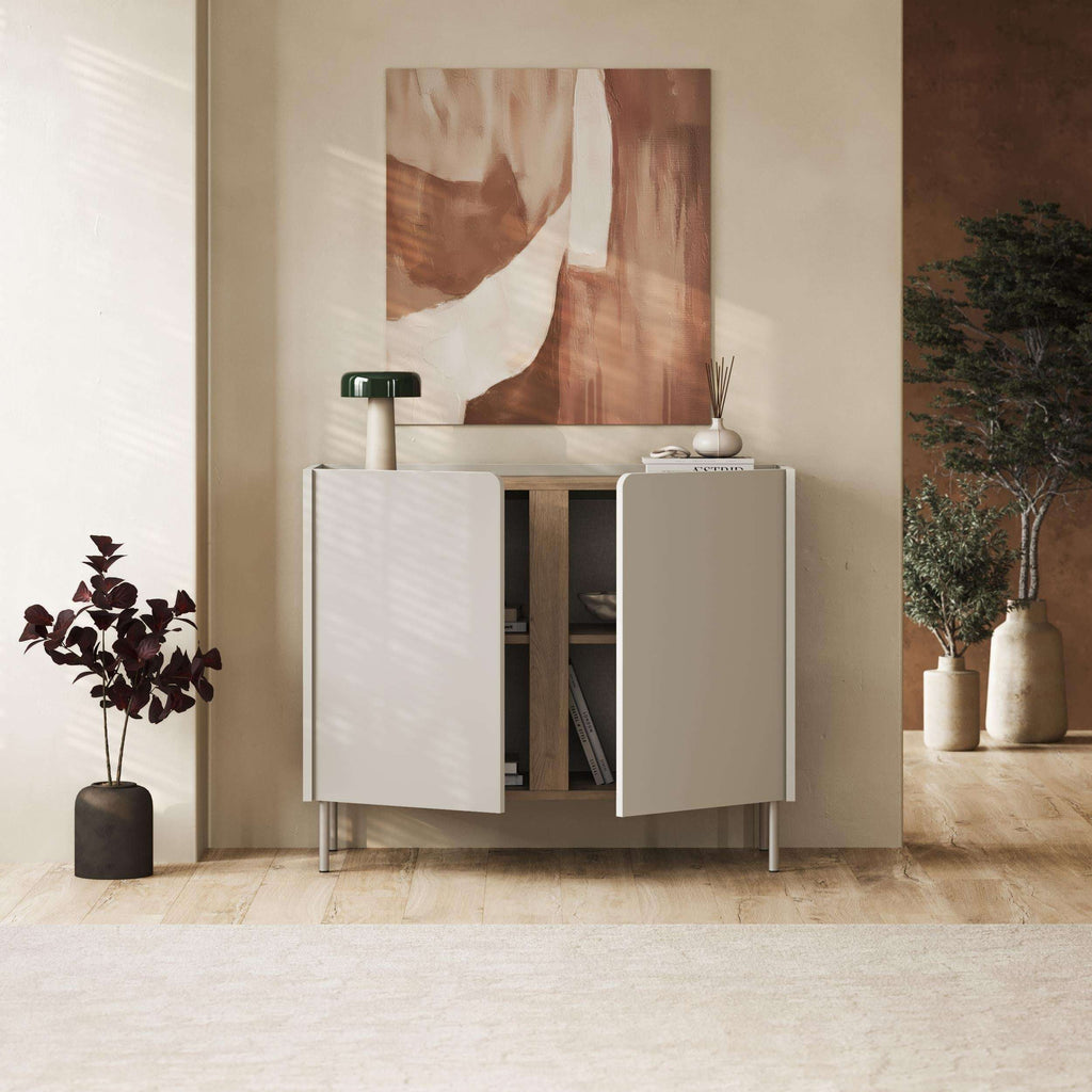 Two-door sideboard with white panel doors, open center shelf, and metal legs