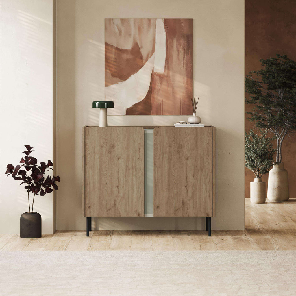 Natural oak sideboard with 2 doors, vertical grain, dark metal legs