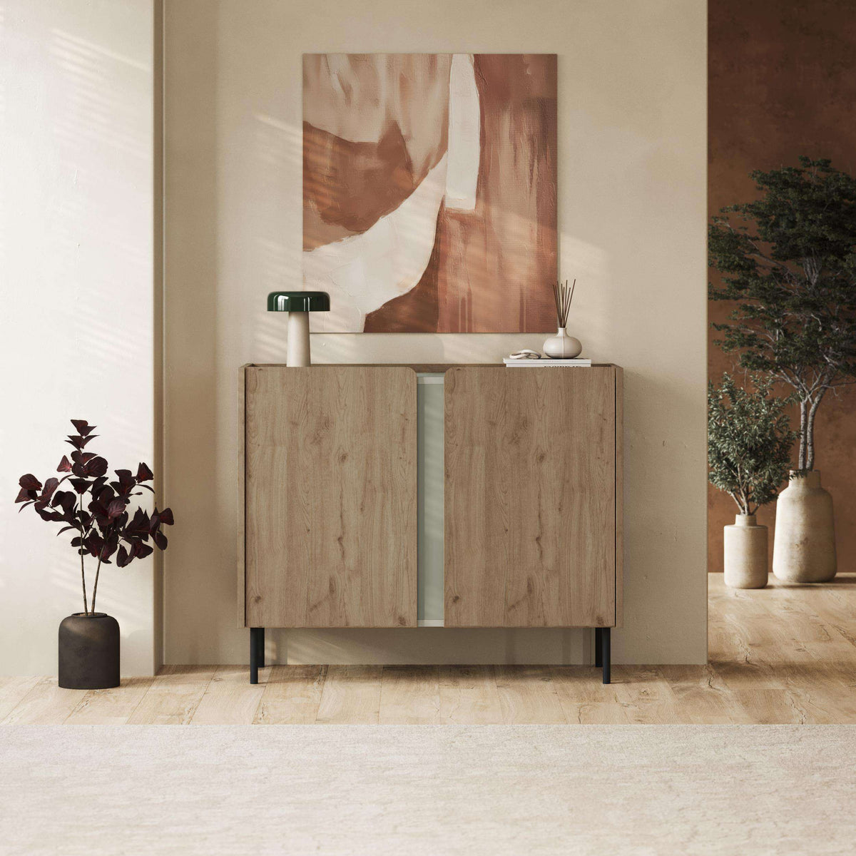 Natural oak sideboard with 2 doors, vertical grain, dark metal legs