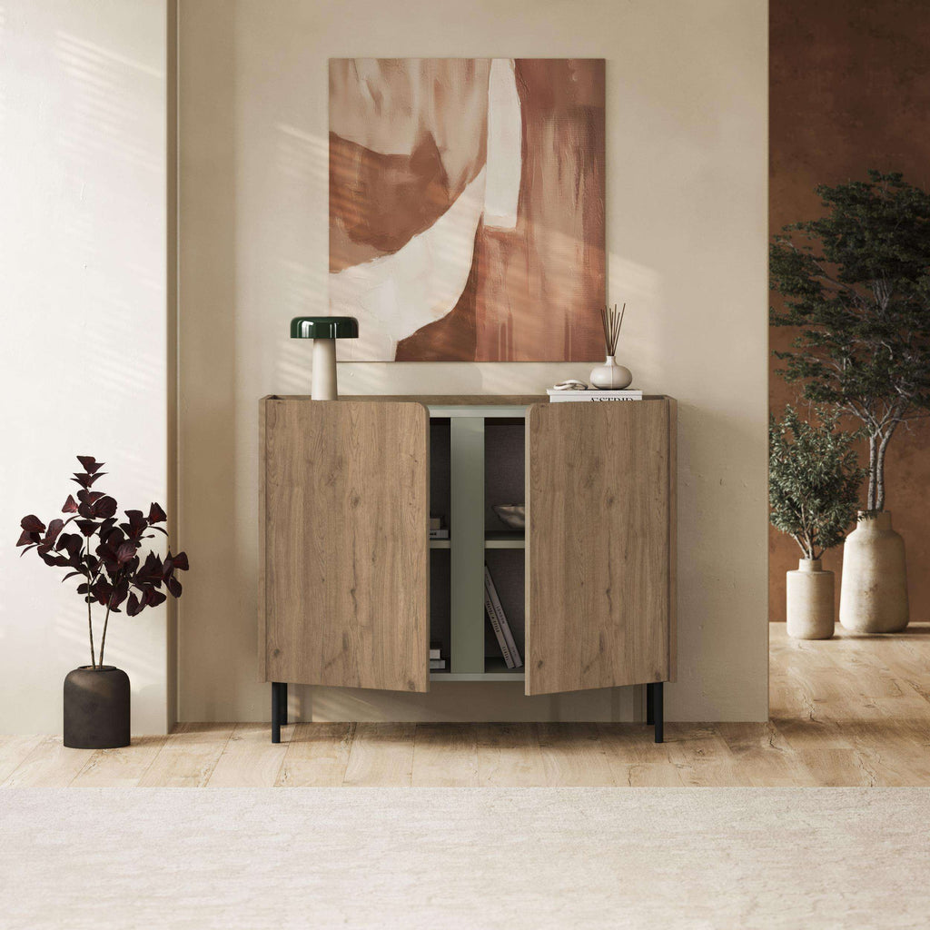 Two-door sideboard with light oak doors, open center shelf, and metal legs