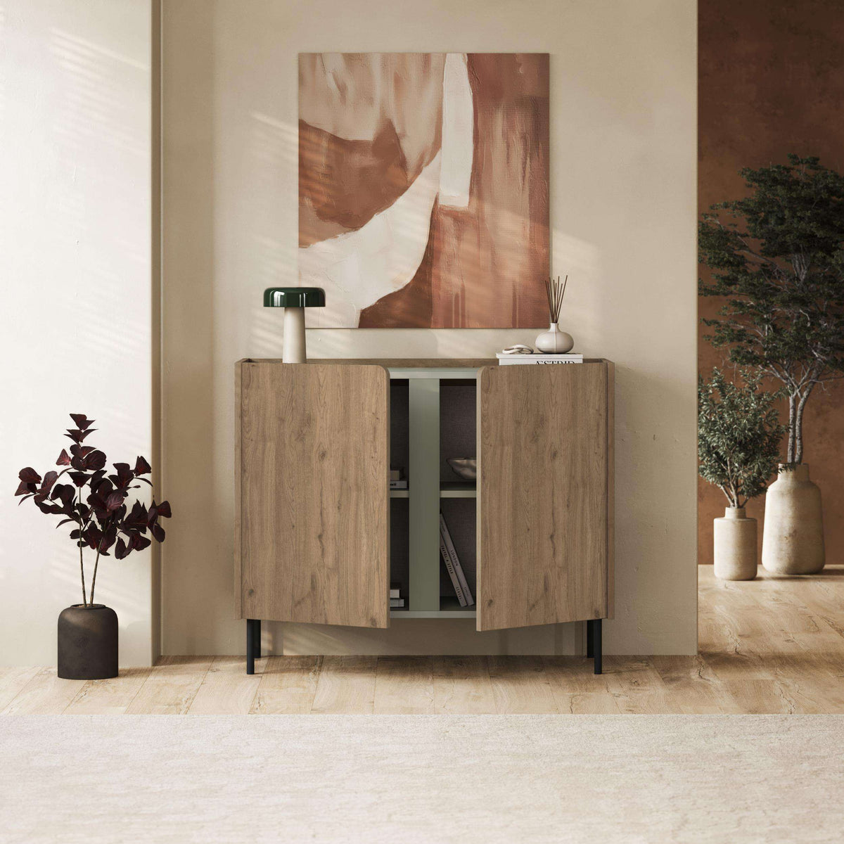 Two-door sideboard with light oak doors, open center shelf, and metal legs