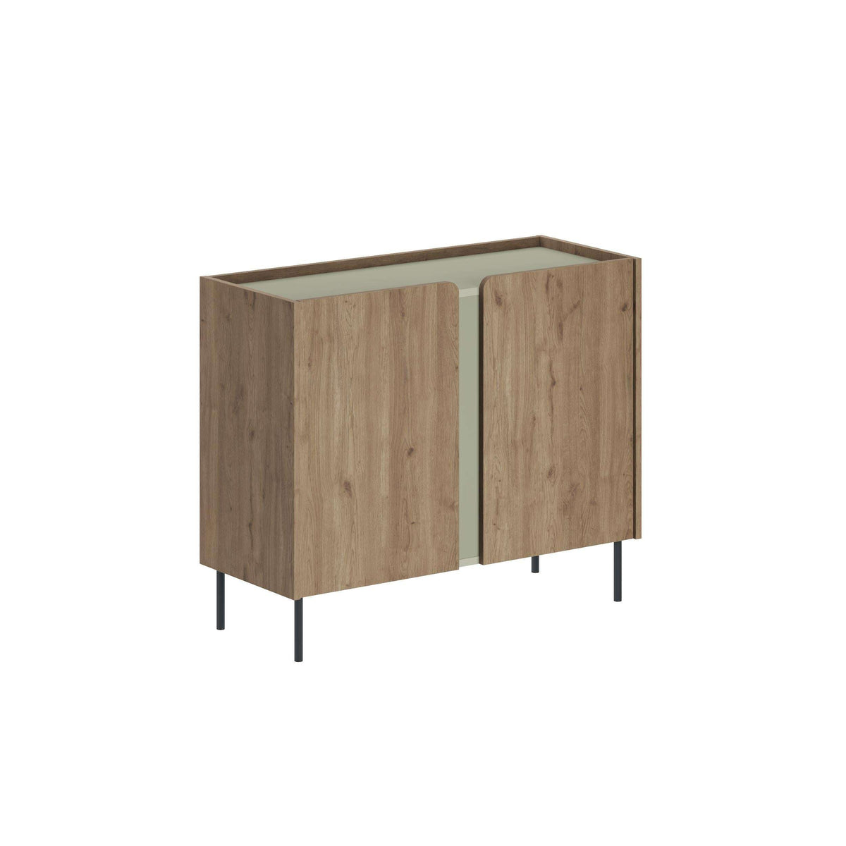 Oak-toned 2-door sideboard with wood-grain panels and metal legs