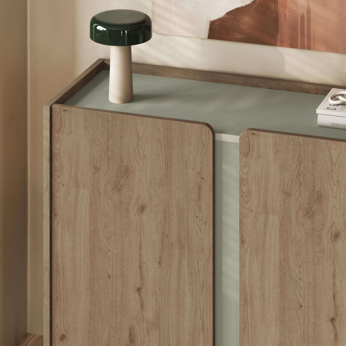 Light oak sideboard with two solid doors, open center shelf, slim metal legs
