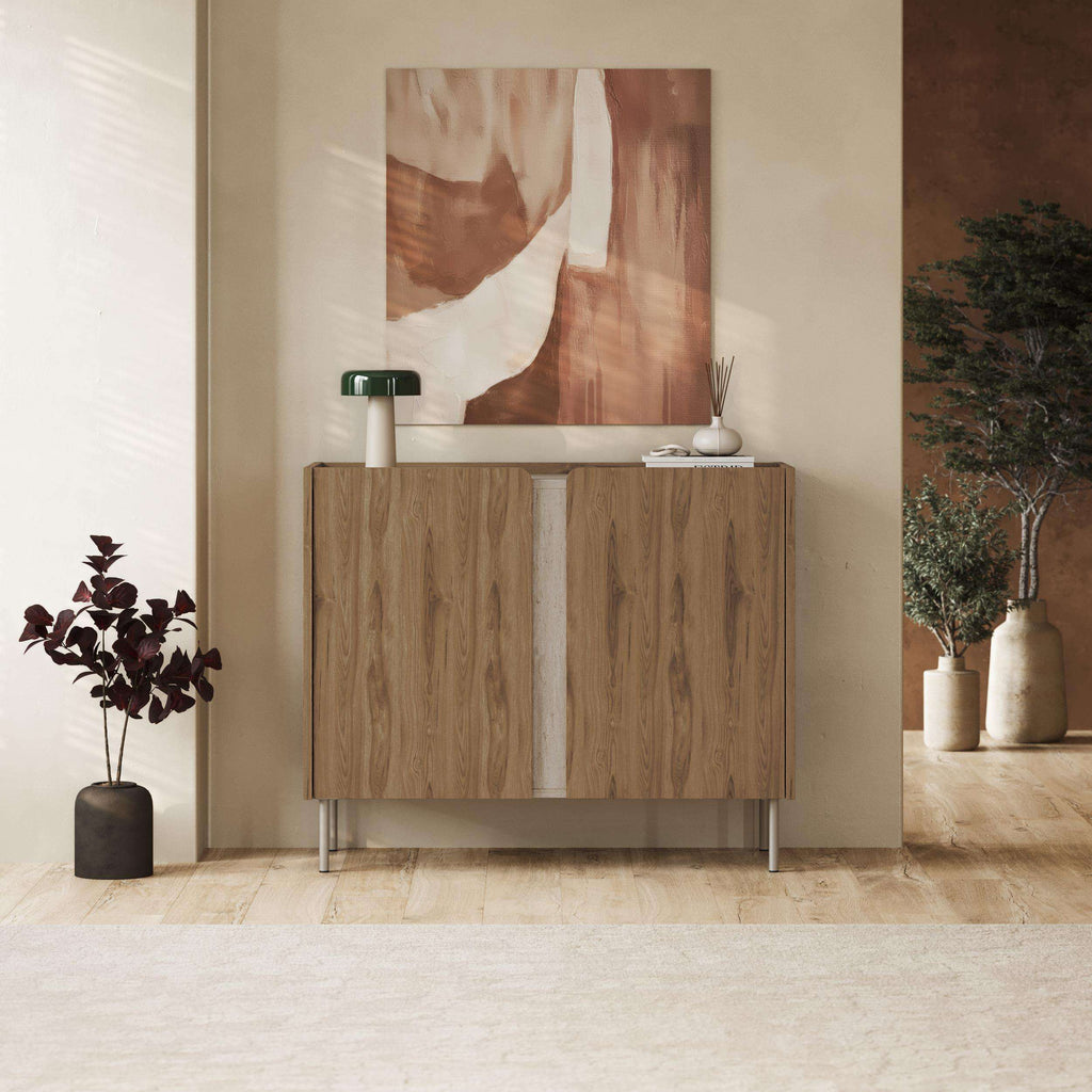 Natural oak sideboard cabinet with 2 doors and dark metal legs
