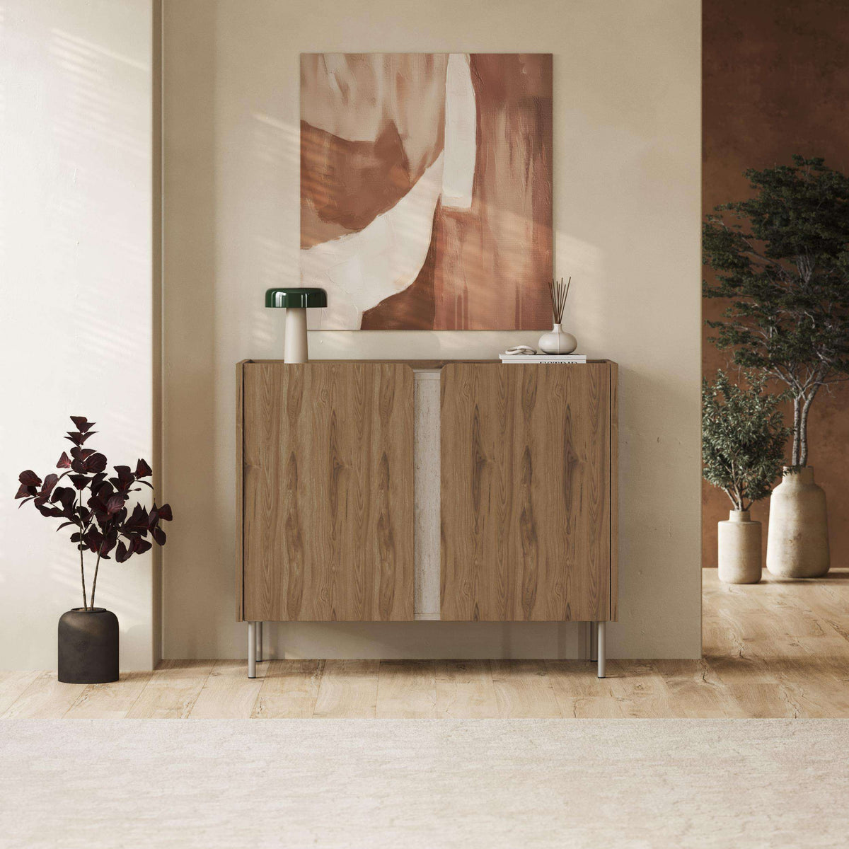 Natural oak sideboard cabinet with 2 doors and dark metal legs