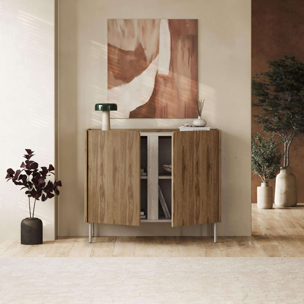 Light oak two-door sideboard with open center shelf and slim metal legs