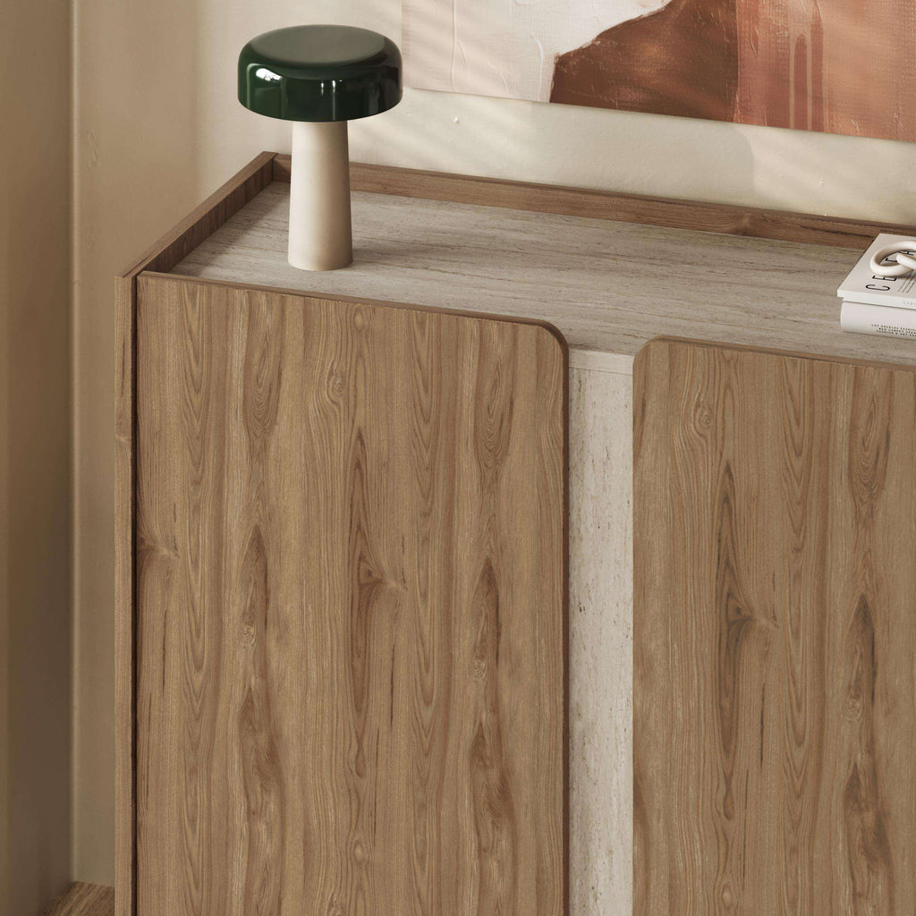 Light oak sideboard with two panel doors and open center shelf, slim metal legs