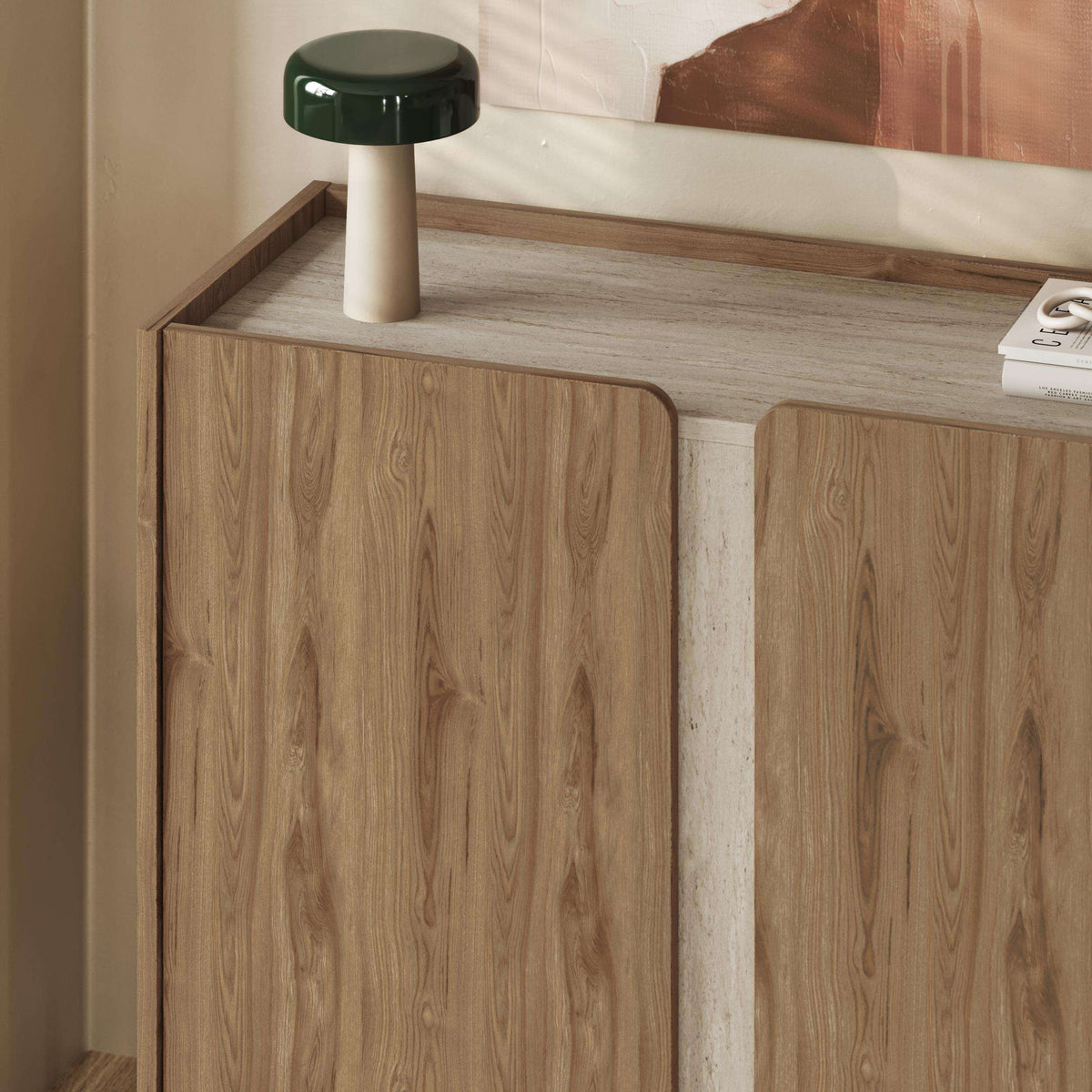 Light oak sideboard with two panel doors and open center shelf, slim metal legs