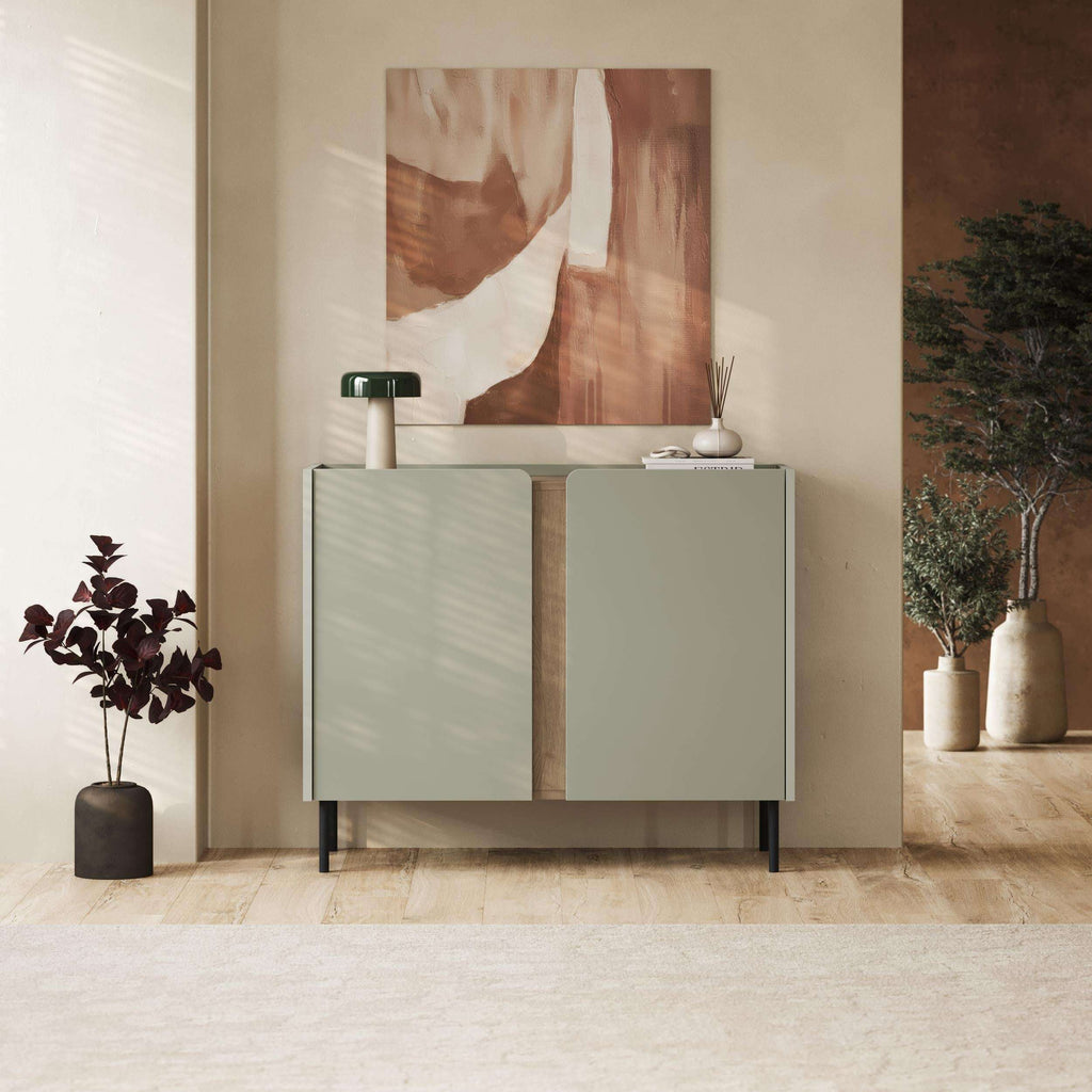 Light grey sideboard with 2 doors, vertical center panel, dark metal legs