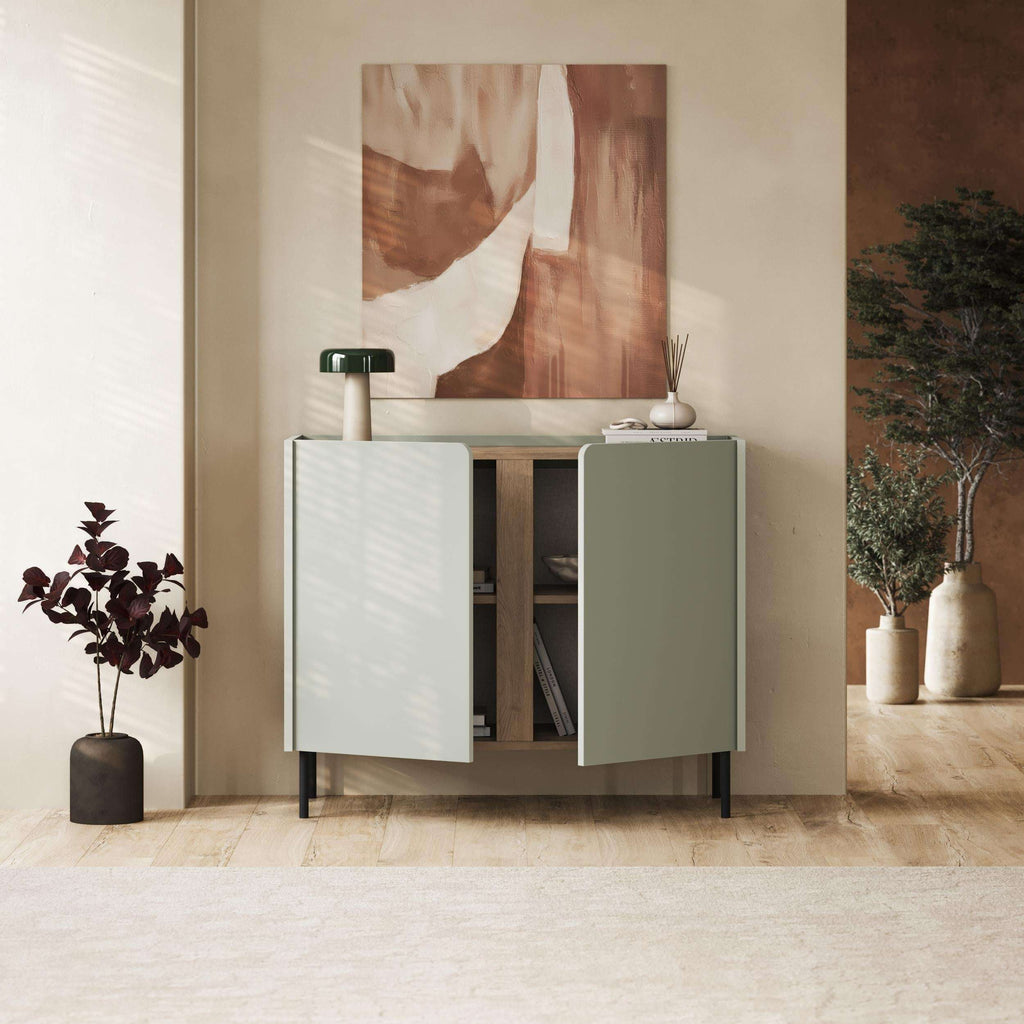 Two-door sideboard with one white door, one dark door, open shelf, metal legs