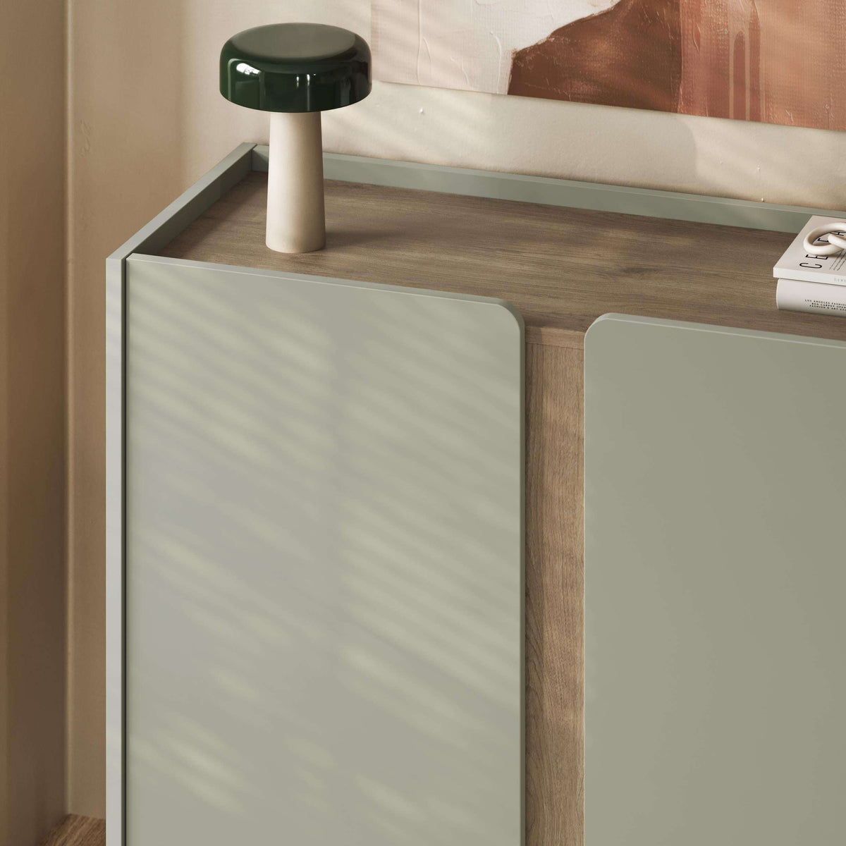 Light oak sideboard with two doors, one open shelf section, metal legs
