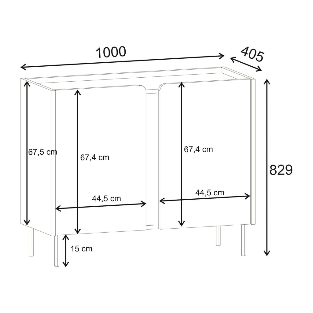 Sideboard technical drawing with two doors, metal legs, and labeled dimensions
