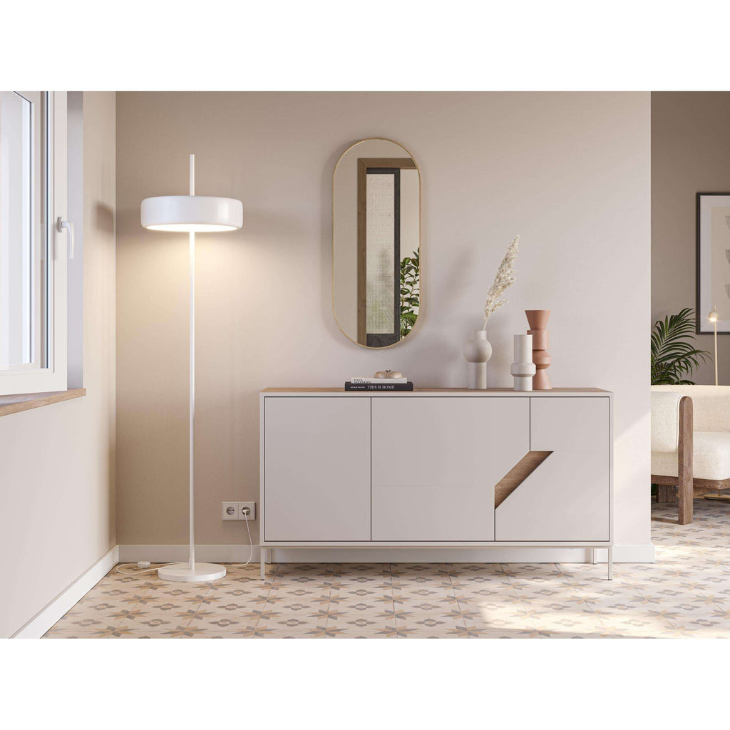 Modern sideboard with two cabinet doors and open shelf, natural oak and light panel