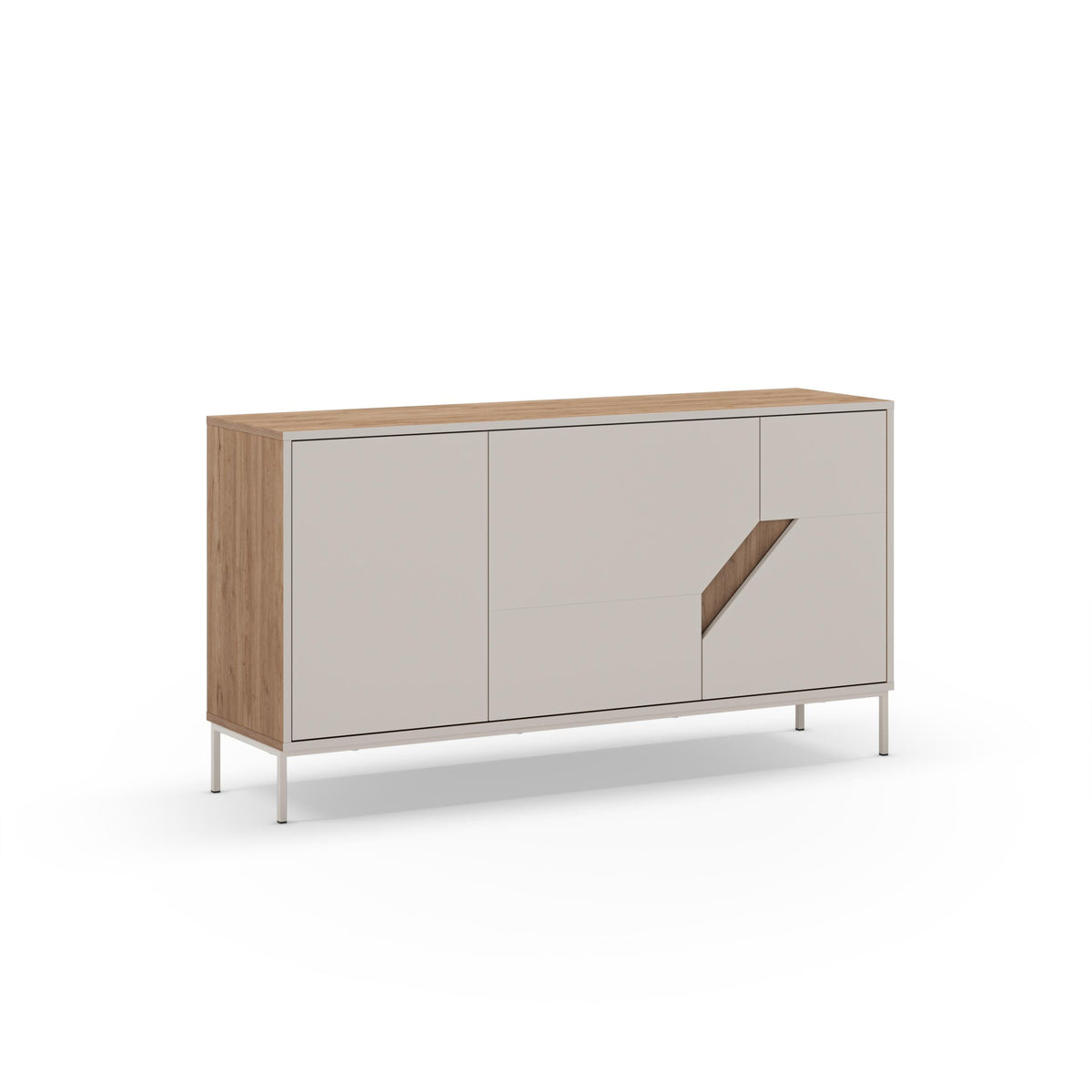 Modern sideboard with three compartments, oak end panels, light center, angled handle